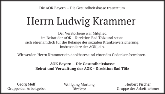 Traueranzeige von Ludwig Krammer von merkurtz