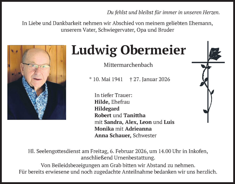  Traueranzeige für Ludwig Obermeier vom 03.02.2026 aus merkurtz