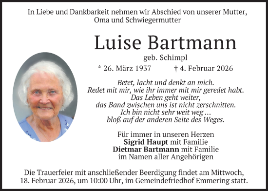 Traueranzeige von Luise Bartmann von merkurtz