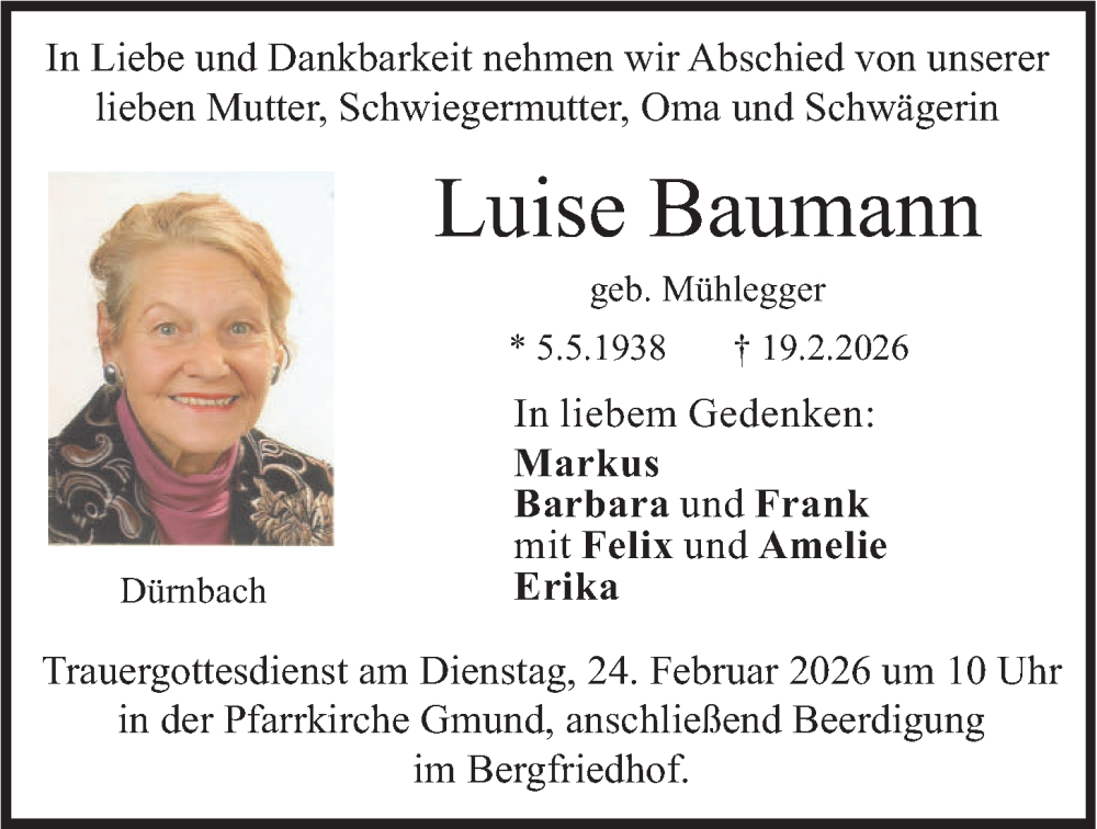  Traueranzeige für Luise Baumann vom 21.02.2026 aus merkurtz