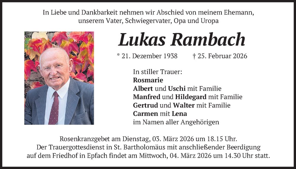  Traueranzeige für Lukas Rambach vom 28.02.2026 aus merkurtz