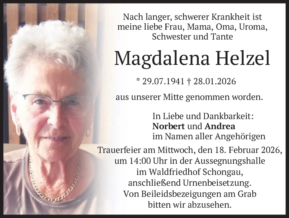  Traueranzeige für Magdalena Helzel vom 13.02.2026 aus merkurtz
