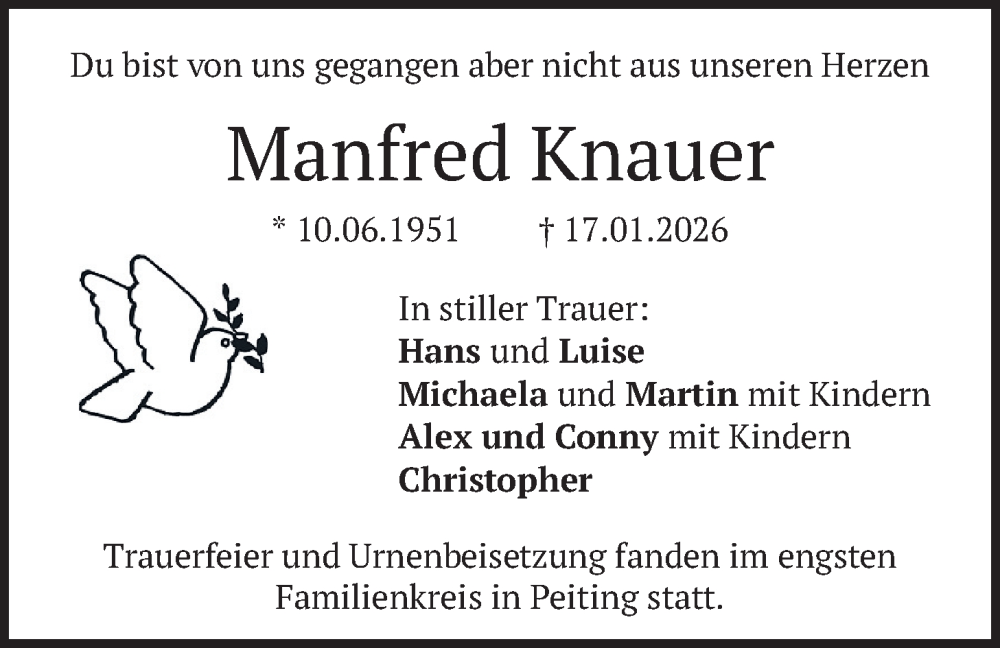  Traueranzeige für Manfred Knauer vom 07.02.2026 aus merkurtz