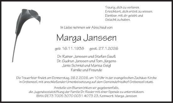 Traueranzeige von Marga Janssen von merkurtz