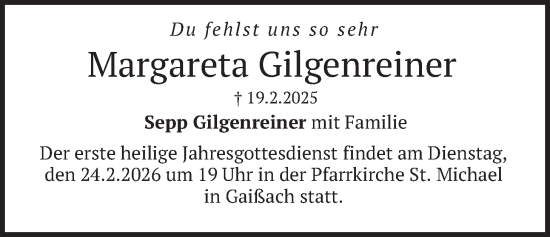 Traueranzeige von Margareta Gilgenreiner von merkurtz