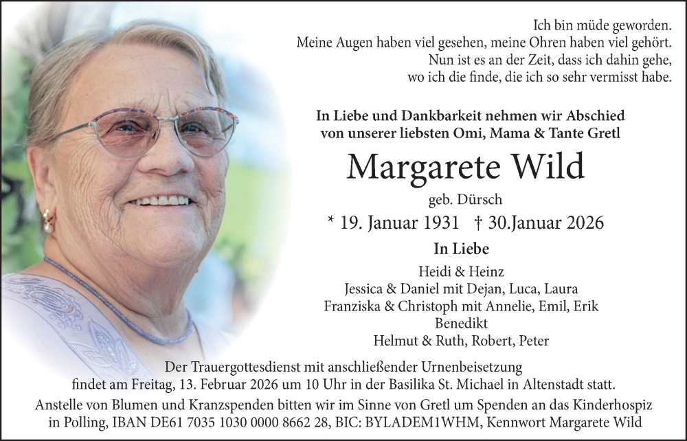  Traueranzeige für Margarete Wild vom 10.02.2026 aus merkurtz