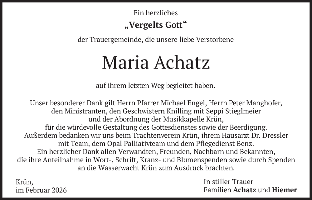  Traueranzeige für Maria Achatz vom 07.02.2026 aus merkurtz