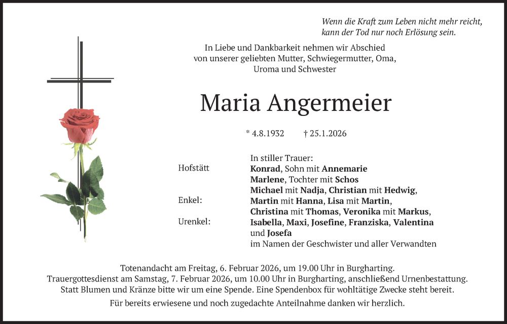  Traueranzeige für Maria Angermeier vom 04.02.2026 aus merkurtz
