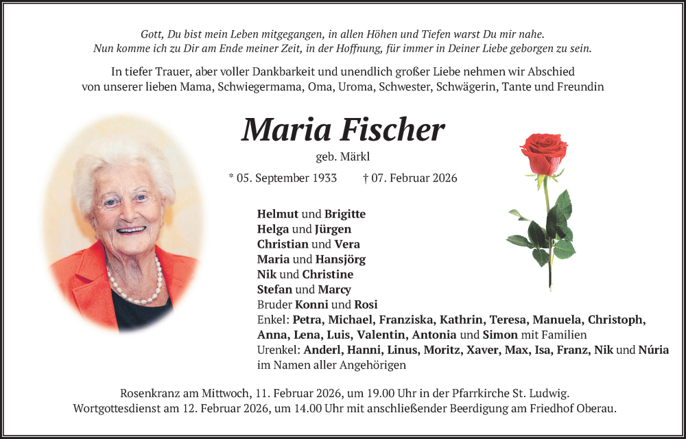  Traueranzeige für Maria Fischer vom 10.02.2026 aus merkurtz