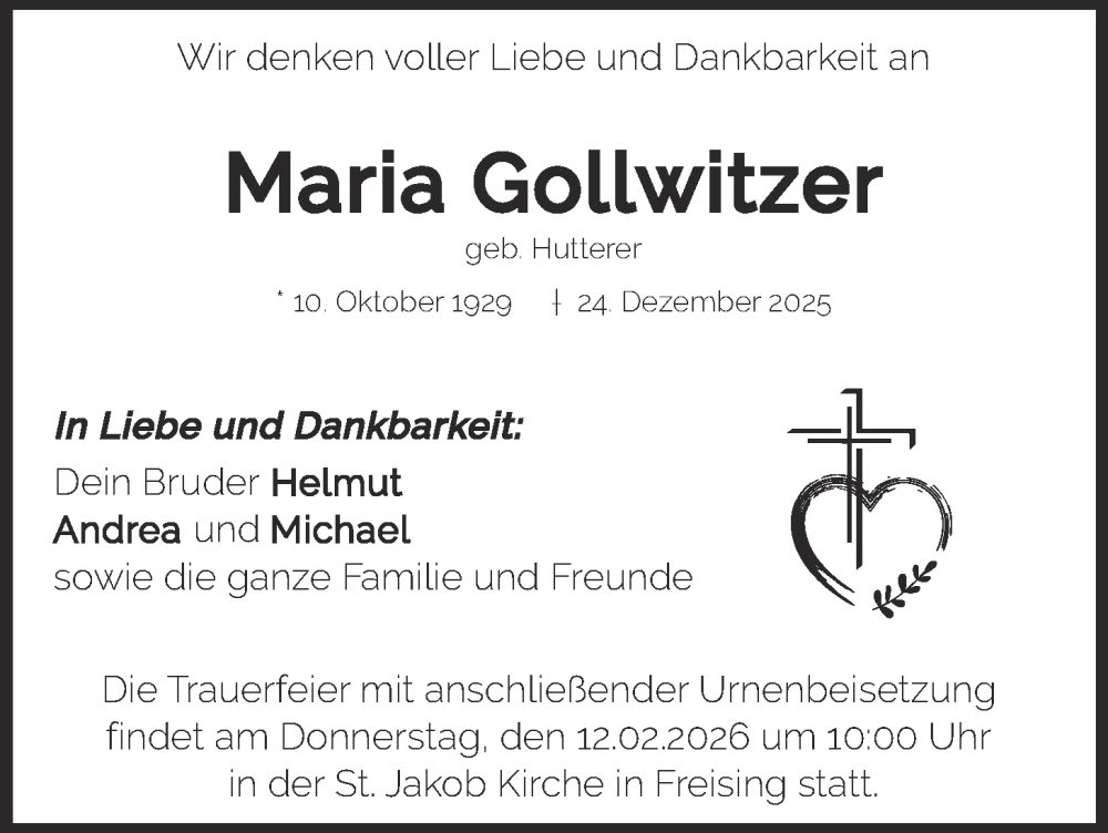  Traueranzeige für Maria Gollwitzer vom 07.02.2026 aus merkurtz