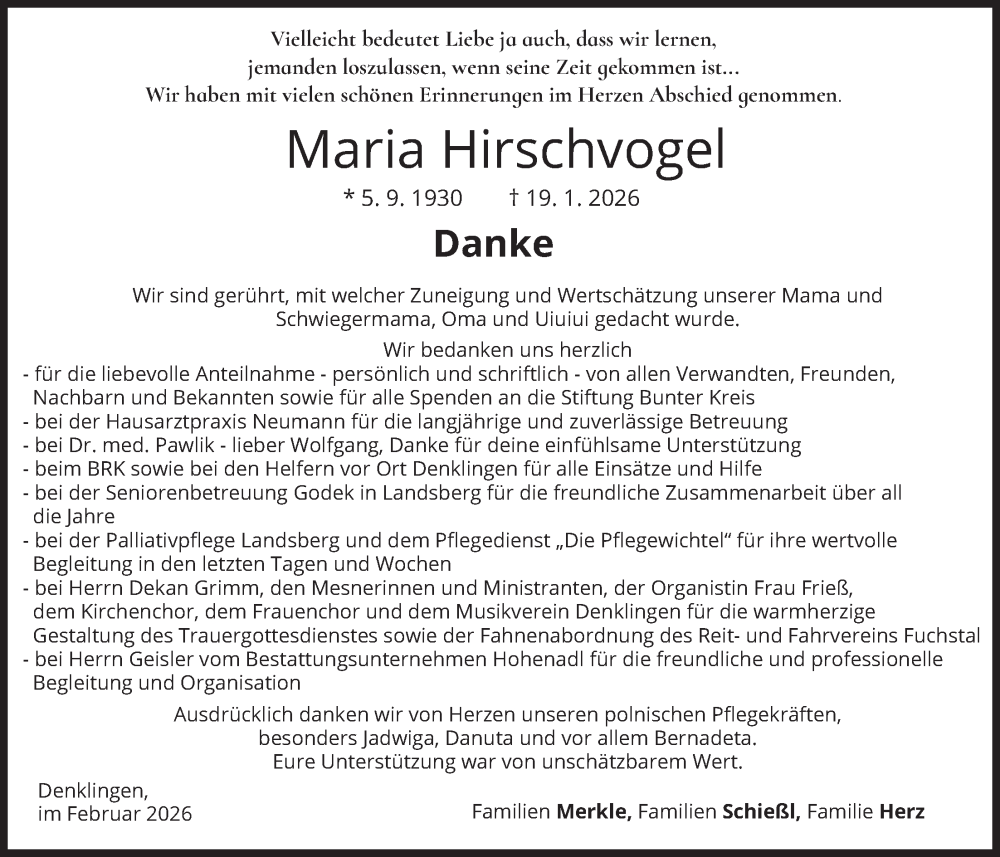  Traueranzeige für Maria Hirschvogel vom 07.02.2026 aus merkurtz