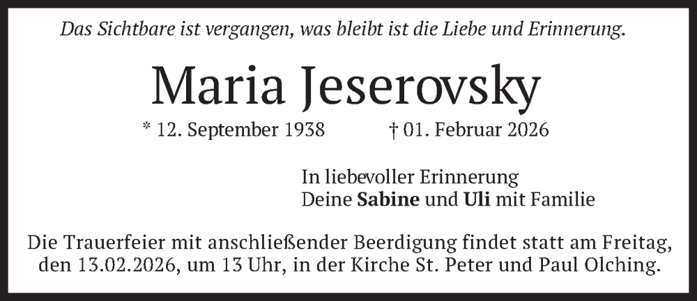  Traueranzeige für Maria Jeserovsky vom 07.02.2026 aus merkurtz