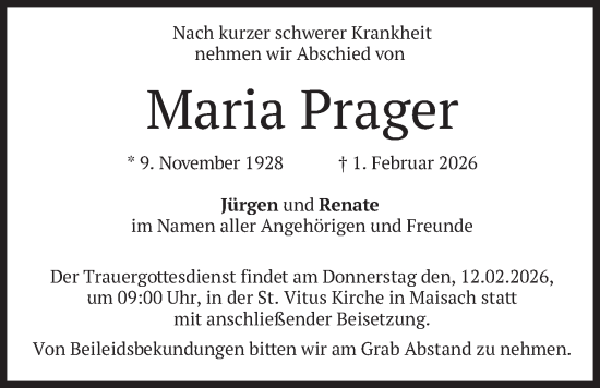 Traueranzeige von Maria Prager von merkurtz