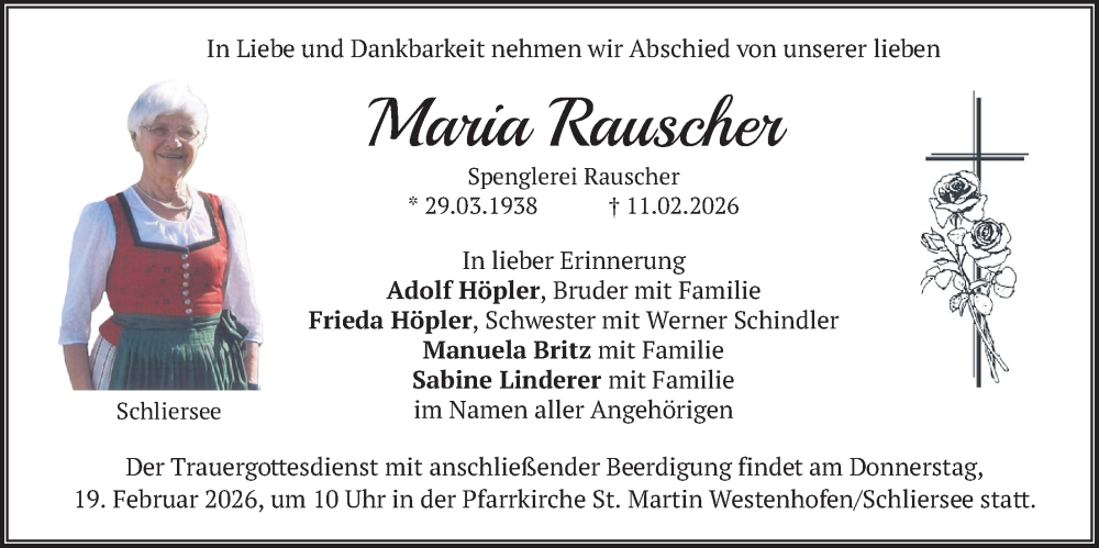  Traueranzeige für Maria Rauscher vom 14.02.2026 aus merkurtz