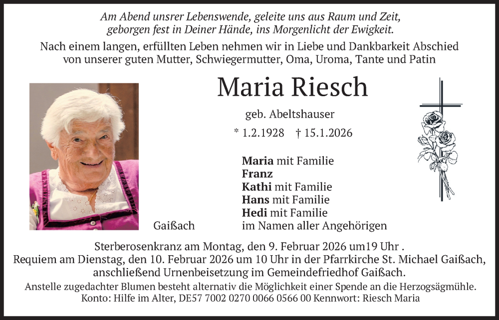 Traueranzeige für Maria Riesch vom 07.02.2026 aus merkurtz