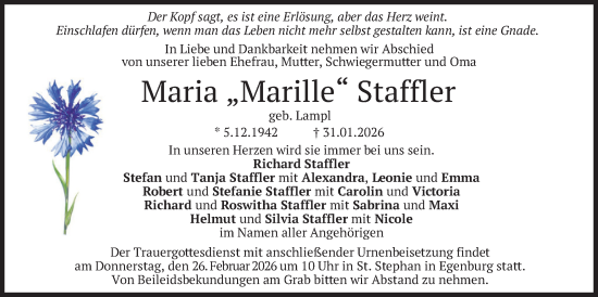 Traueranzeige von Maria Staffler von merkurtz