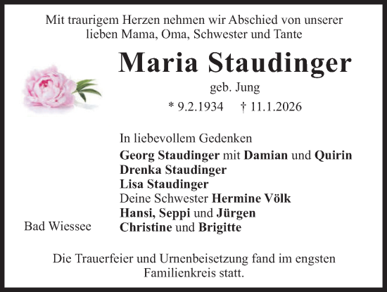 Traueranzeige von Maria Staudinger von merkurtz