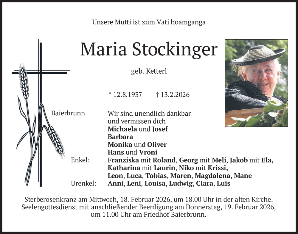  Traueranzeige für Maria Stockinger vom 17.02.2026 aus merkurtz