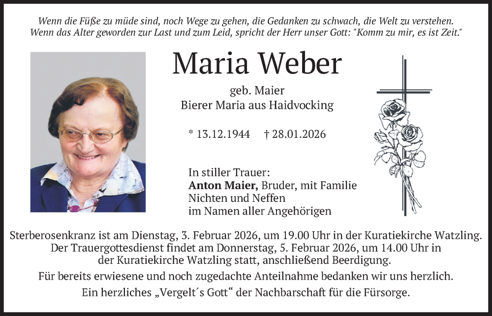  Traueranzeige für Maria Weber vom 02.02.2026 aus merkurtz