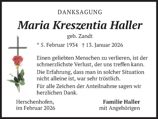 Traueranzeige von Maria Kreszentia Haller von merkurtz