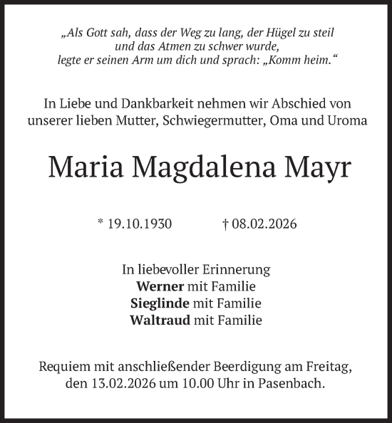 Traueranzeige von Maria Magdalena Mayr von merkurtz