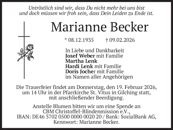 Traueranzeige von Marianne Becker von merkurtz