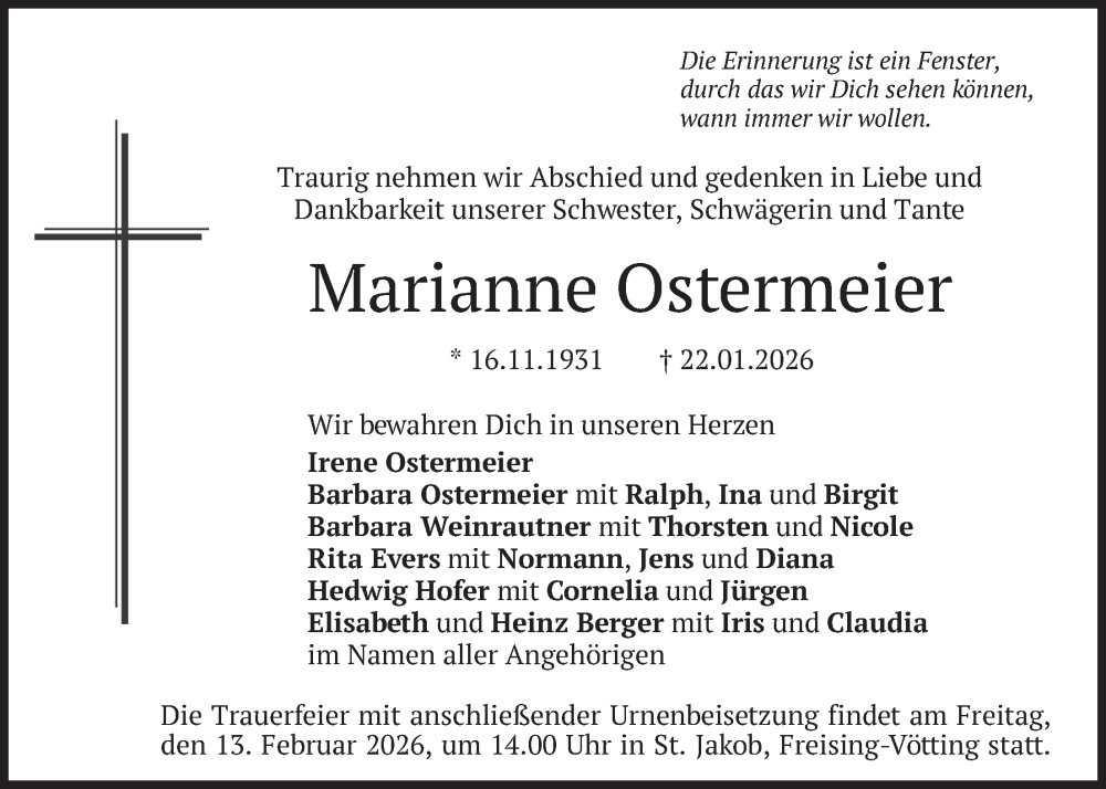  Traueranzeige für Marianne Ostermeier vom 07.02.2026 aus merkurtz