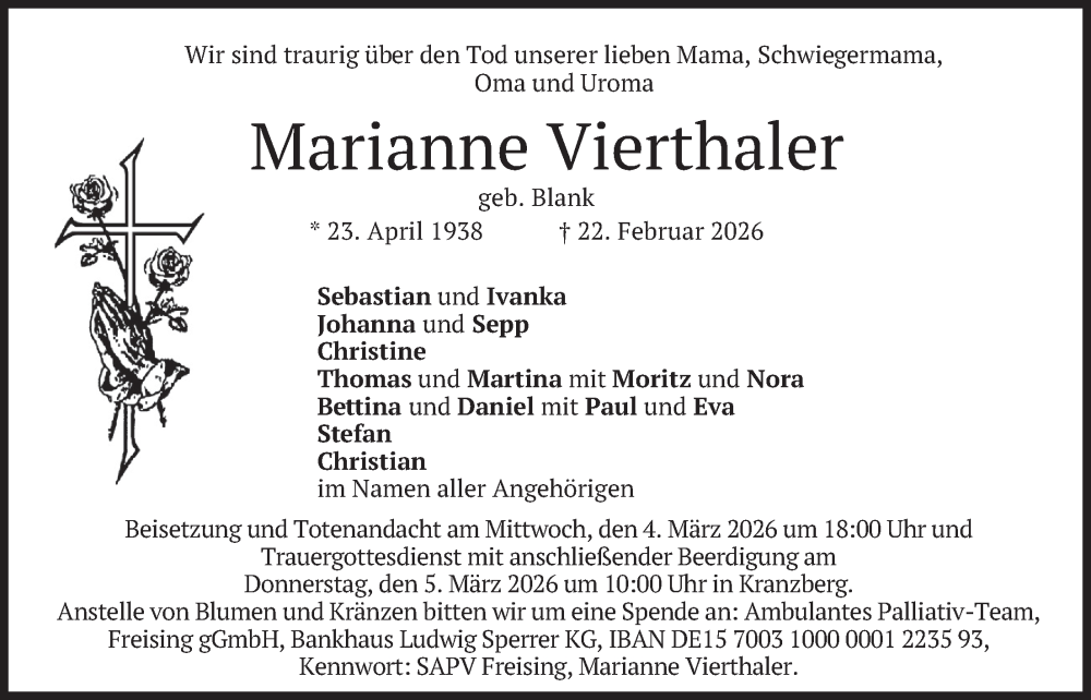  Traueranzeige für Marianne Vierthaler vom 28.02.2026 aus merkurtz