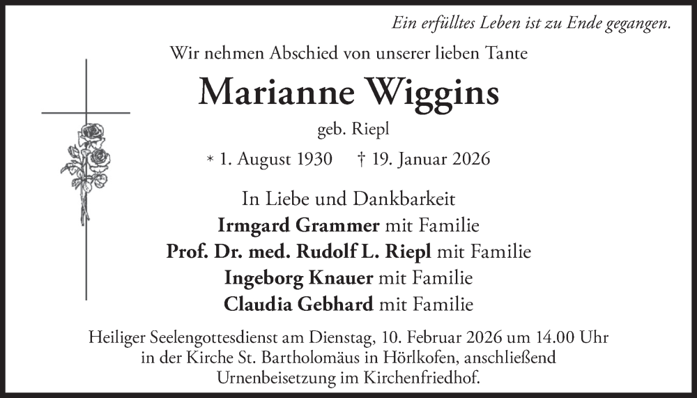  Traueranzeige für Marianne Wiggins vom 07.02.2026 aus merkurtz