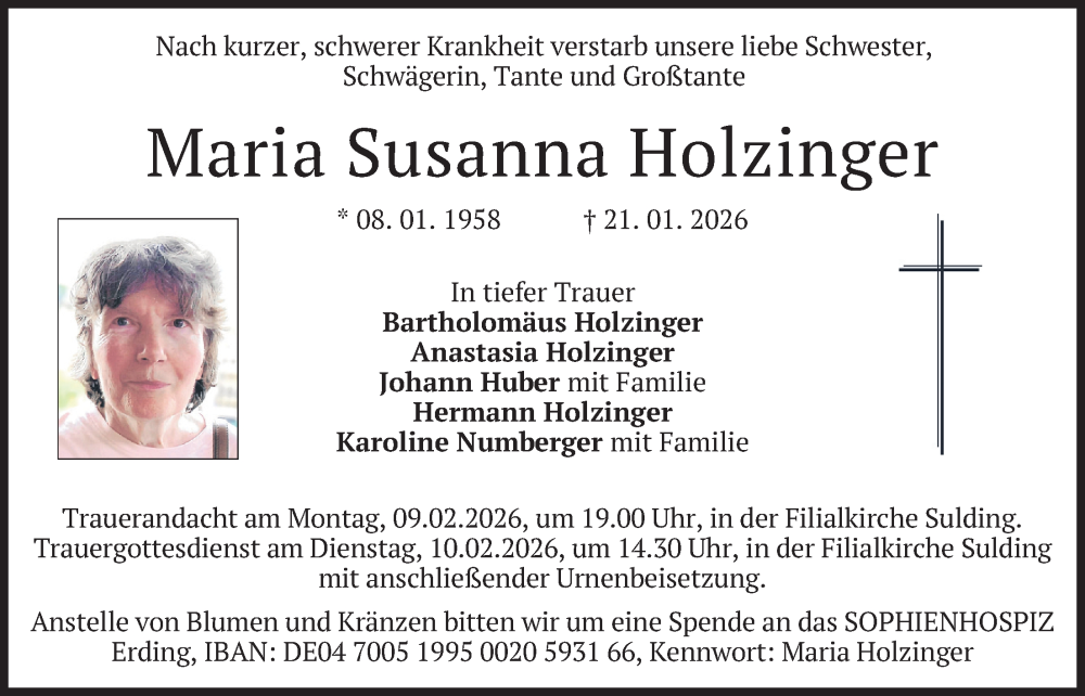  Traueranzeige für Maria Susanna Holzinger vom 06.02.2026 aus merkurtz
