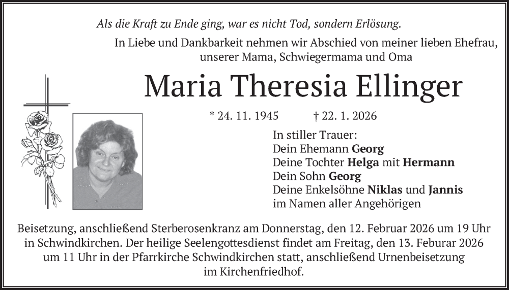 Traueranzeige für Maria Theresia Ellinger vom 07.02.2026 aus merkurtz