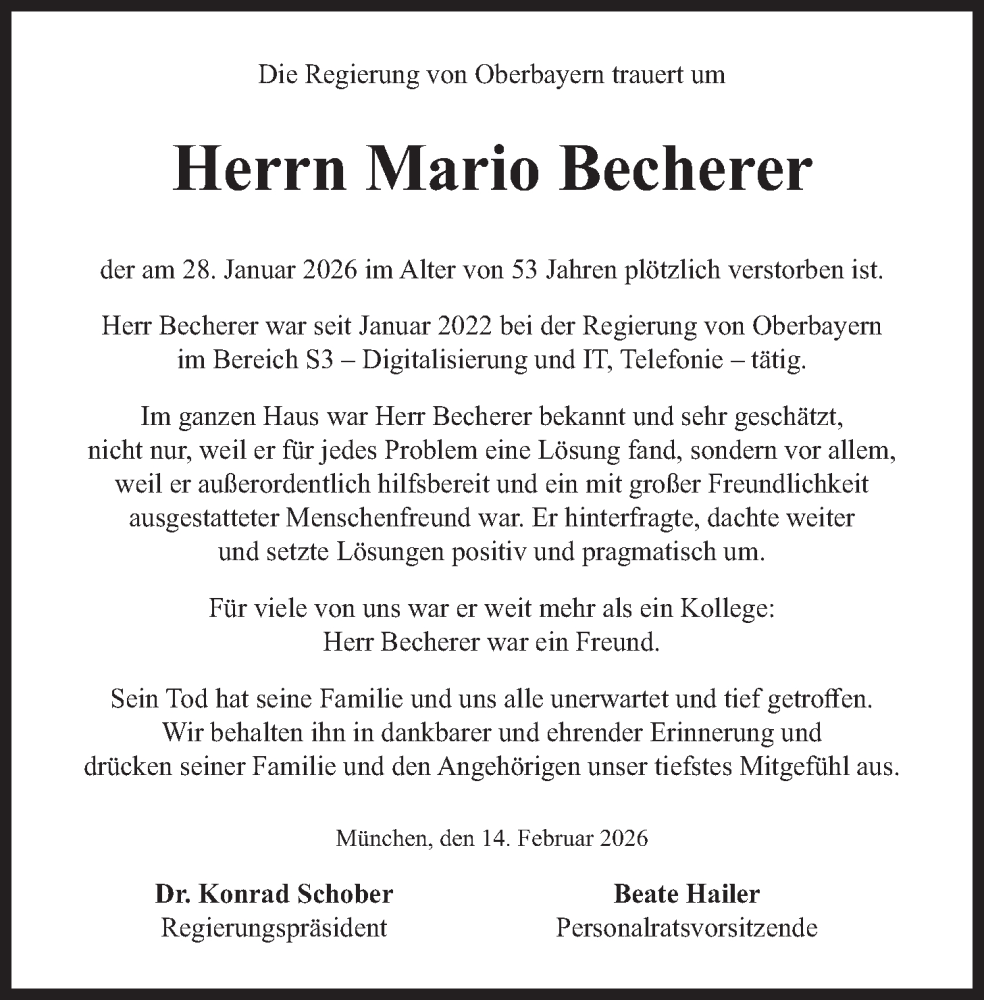  Traueranzeige für Mario Becherer vom 14.02.2026 aus merkurtz