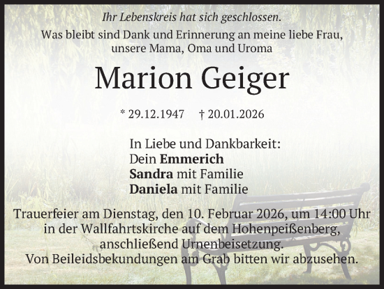 Traueranzeige von Marion Geiger von merkurtz