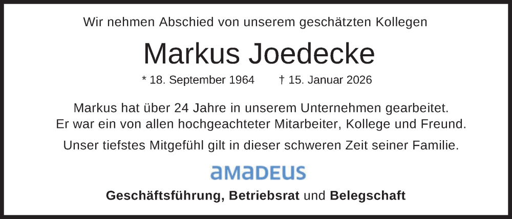  Traueranzeige für Markus Joedecke vom 14.02.2026 aus merkurtz