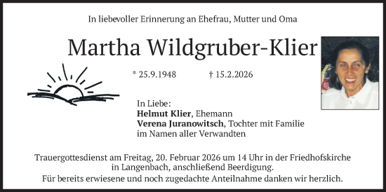 Traueranzeige von Martha Wildgruber-Klier von merkurtz