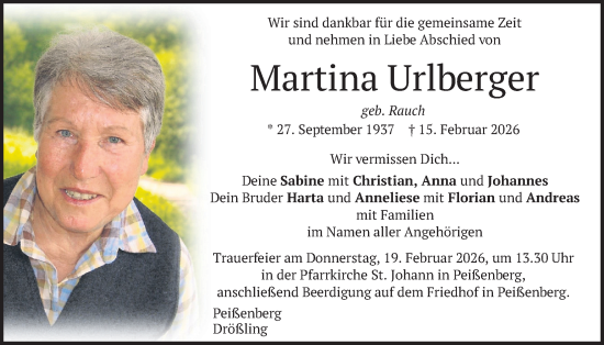 Traueranzeige von Martina Urlberger von merkurtz