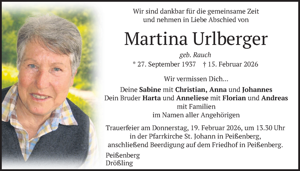 Traueranzeige für Martina Urlberger vom 17.02.2026 aus merkurtz