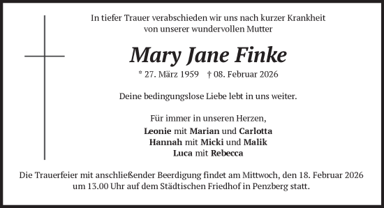 Traueranzeige von Mary Jane Finke von Das Gelbe Blatt Penzberg