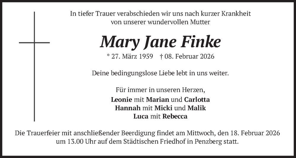  Traueranzeige für Mary Jane Finke vom 14.02.2026 aus merkurtz