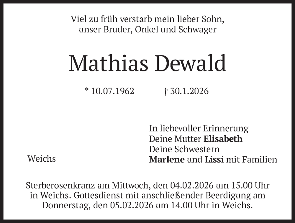  Traueranzeige für Mathias Dewald vom 03.02.2026 aus merkurtz
