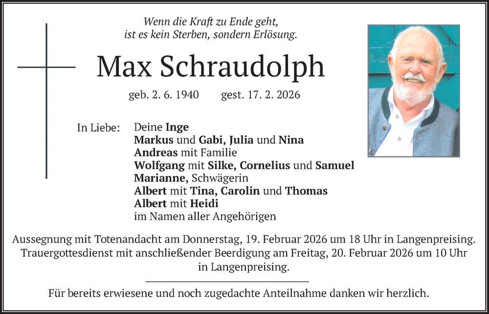  Traueranzeige für Max Schraudolph vom 18.02.2026 aus merkurtz