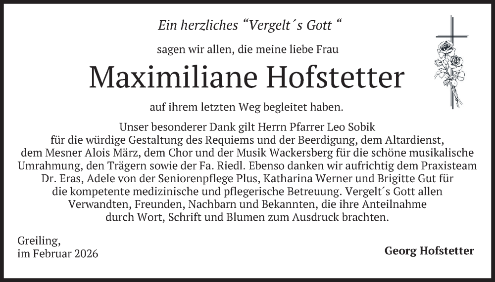  Traueranzeige für Maximiliane Hofstetter vom 07.02.2026 aus merkurtz