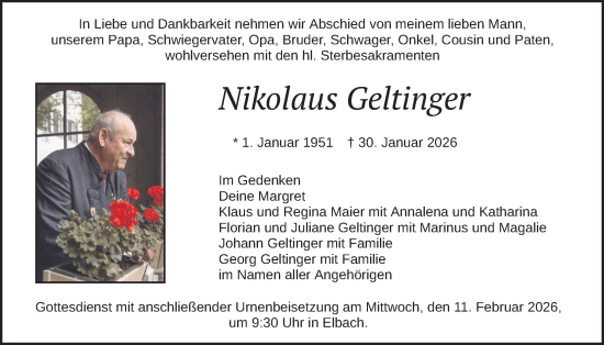 Traueranzeige von Nikolaus Geltinger von merkurtz