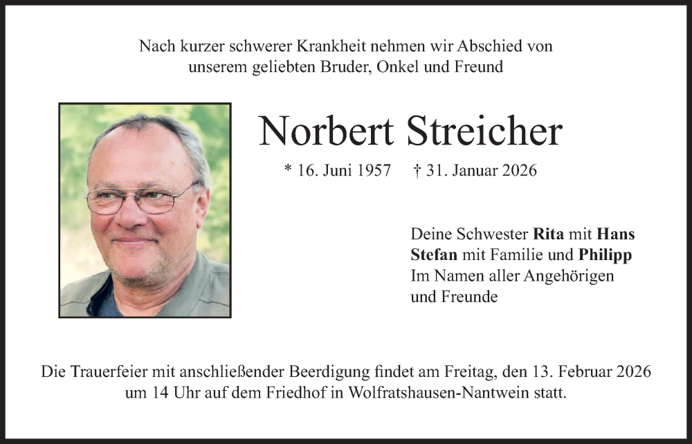  Traueranzeige für Norbert Streicher vom 07.02.2026 aus merkurtz