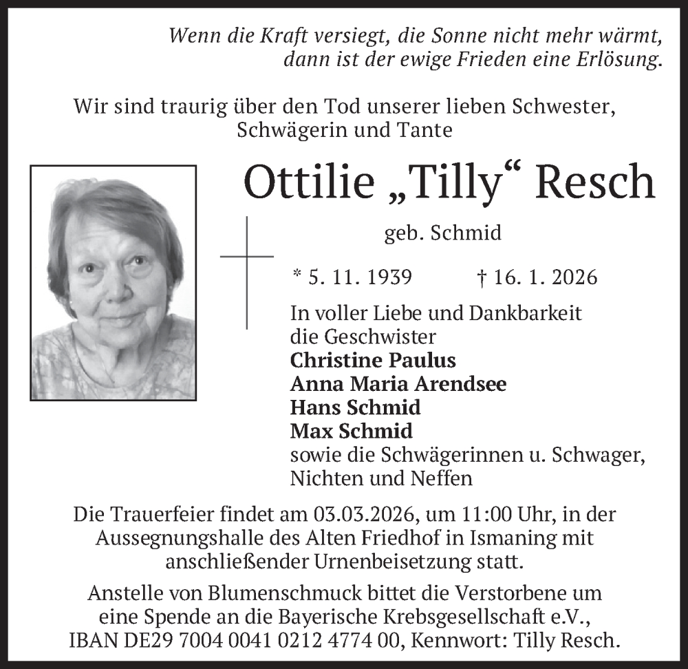 Traueranzeige für Ottilie Resch vom 21.02.2026 aus merkurtz