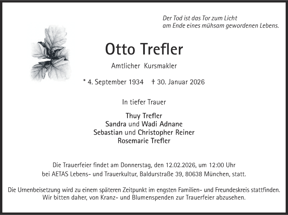  Traueranzeige für Otto Trefler vom 07.02.2026 aus merkurtz