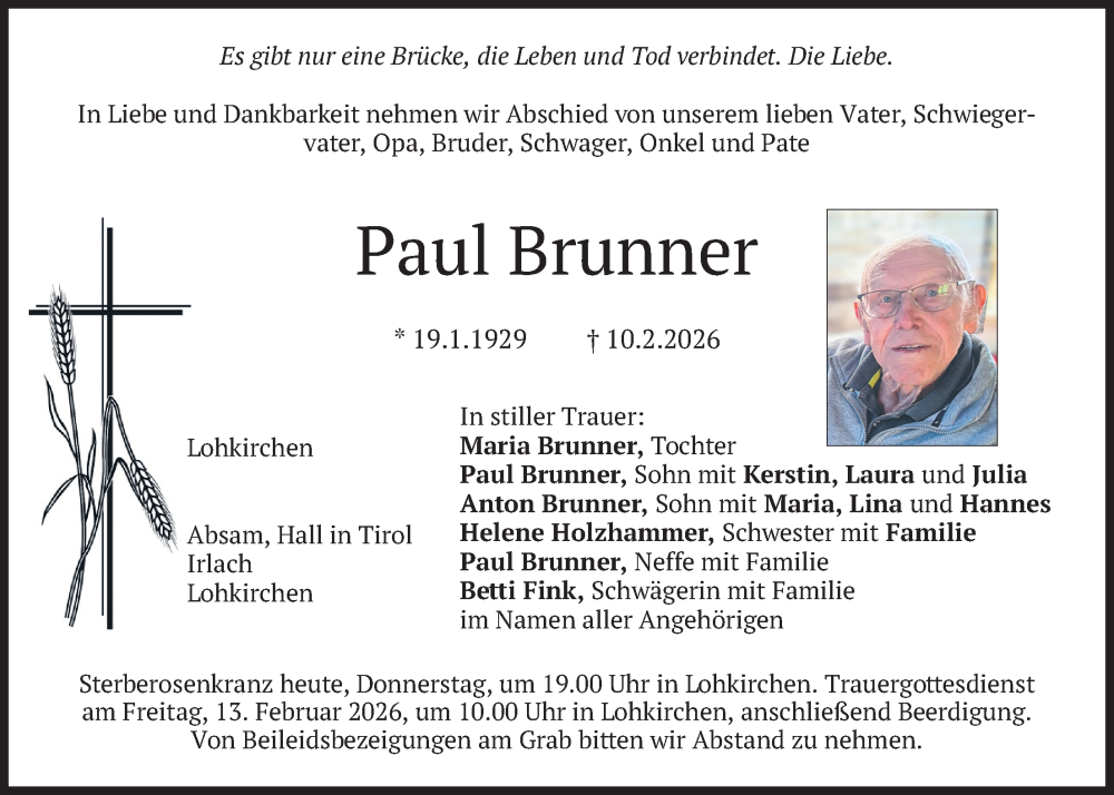  Traueranzeige für Paul Brunner vom 12.02.2026 aus merkurtz