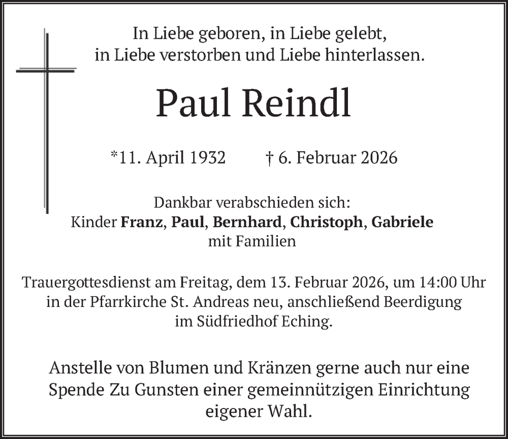  Traueranzeige für Paul Reindl vom 11.02.2026 aus merkurtz