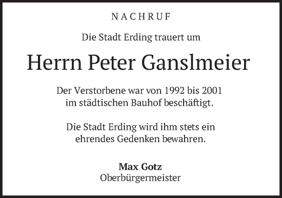 Traueranzeige von Peter Ganslmeier von merkurtz