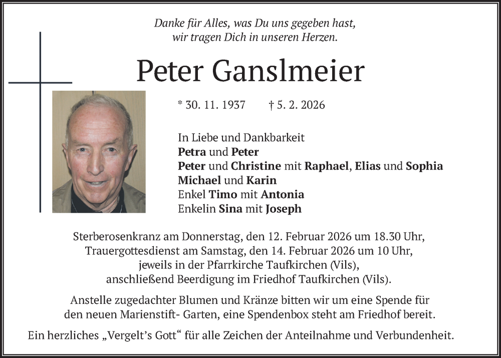  Traueranzeige für Peter Ganslmeier vom 10.02.2026 aus merkurtz